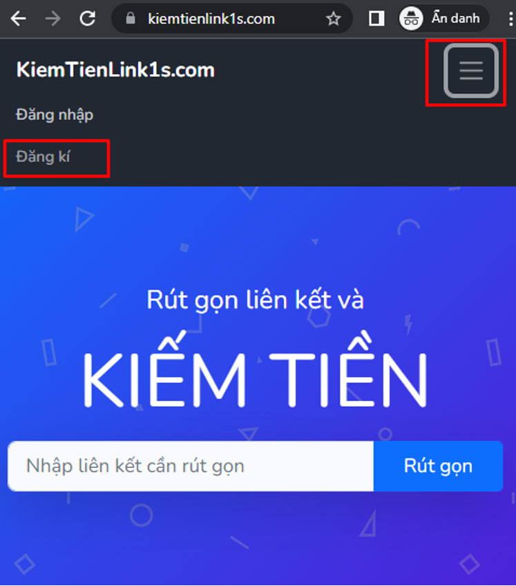 Menu đăng kí tài khoản